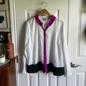Worthington academia white minimalist long sleeve raw collar button down blouse